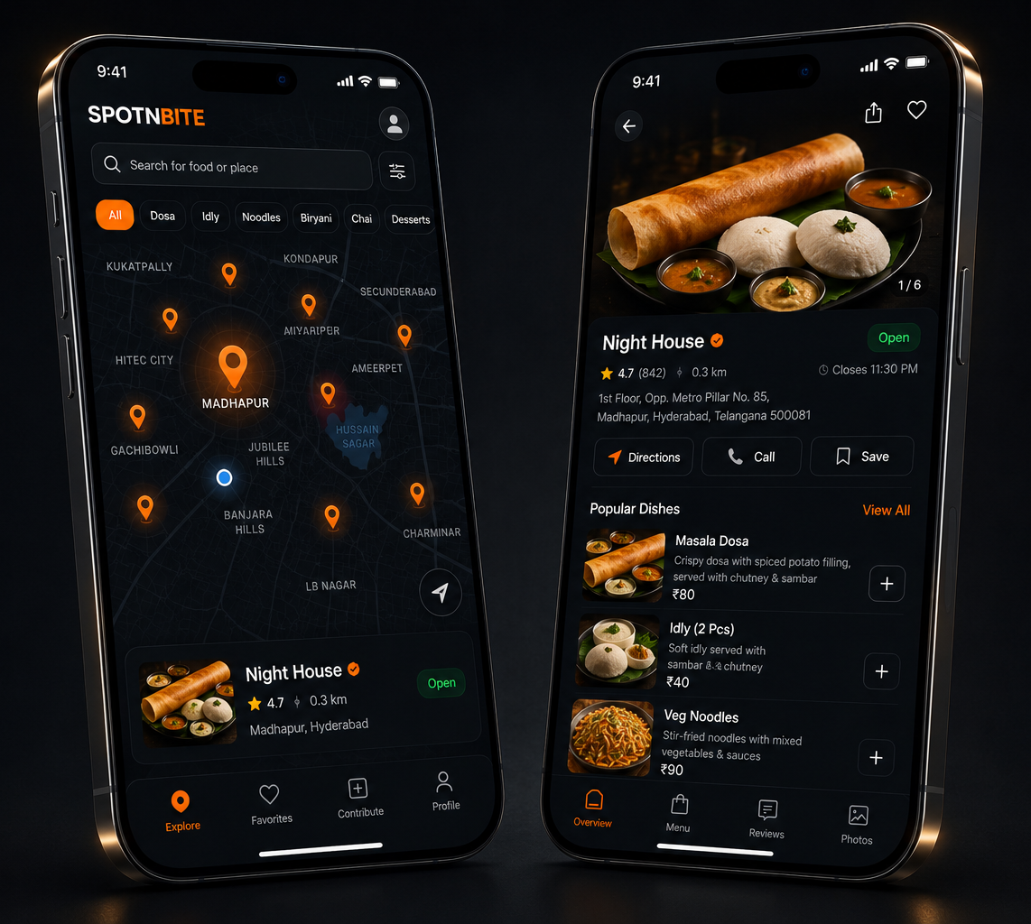 SpotNBite app showing live street-food map and vendor details